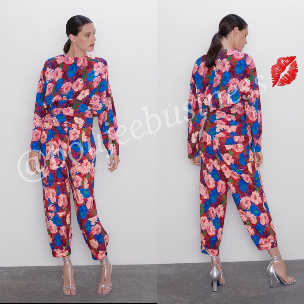 ZARA BNWT Belted Floral Print Pants + Draped Top 2pc Coord Set - Picture 2 of 8